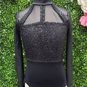 Balera Black Sequin Mesh Long Sleeve Dance Leotard Adult Small